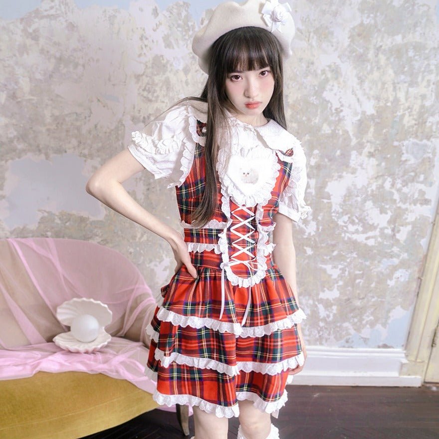 Holiday plaid lace-up ruffle dress Holiday plaid lace-up ruffle dress