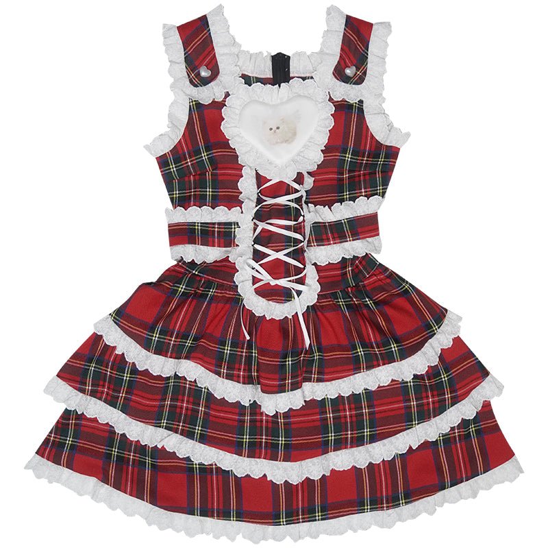 Retro Red Plaid Cat Print Lace Sundress Dress