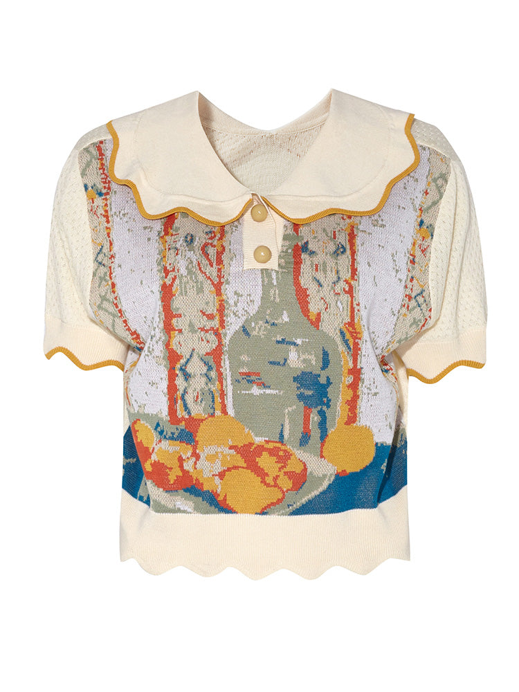 デキャンタと皿の上のレモンのある静物のポロニットトップス