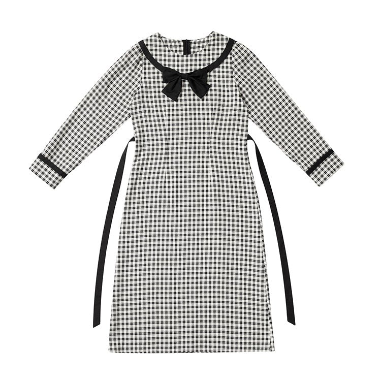 Round neck plaid high waist lantern sleeve dress