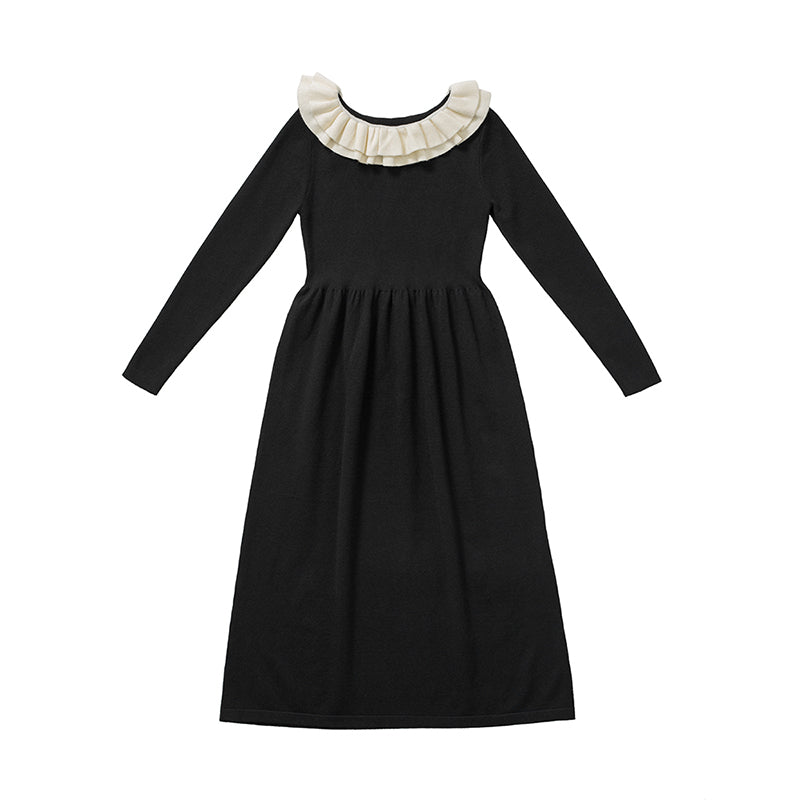 Ruffled High Collar Lantern Sleeve Black Knit Sweater