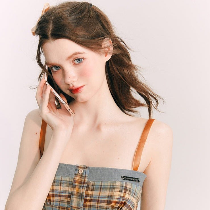 Seaside sunflower plaid suspender skirt irregular dress