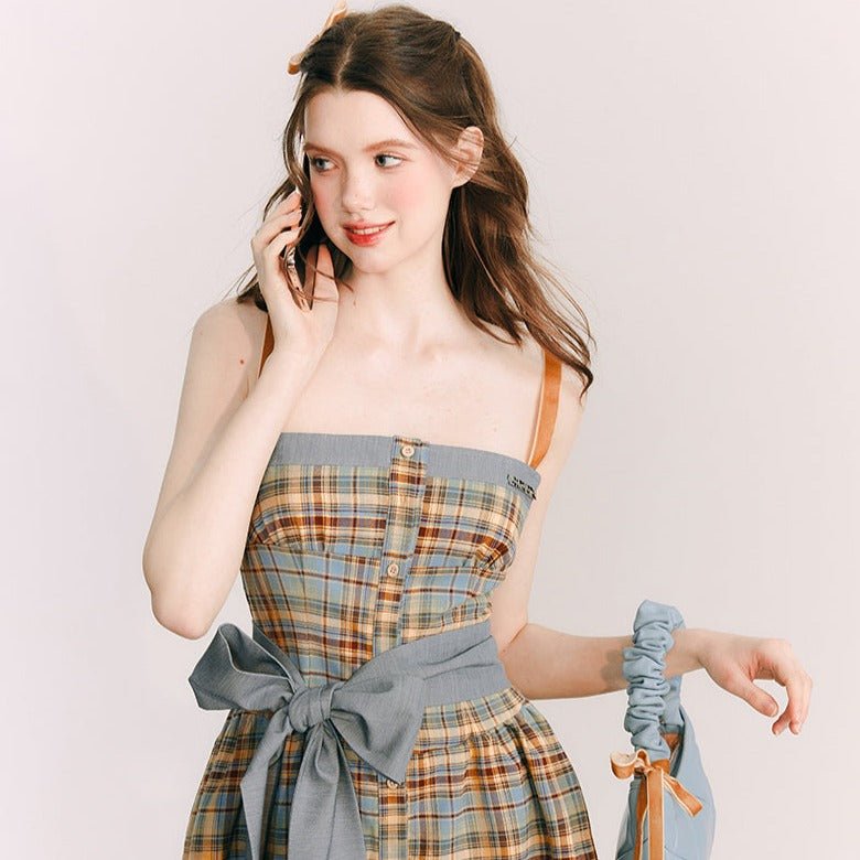 Retro plaid big waist ribbon cami dress – remulia
