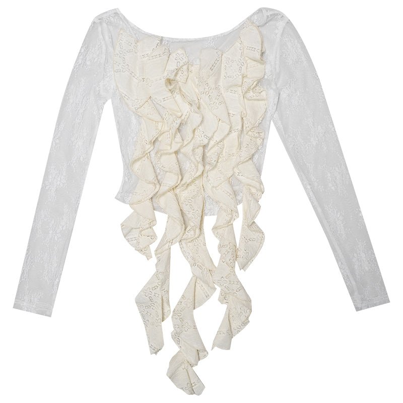 See-through inner wear irregular lady long-sleeved lace shirt