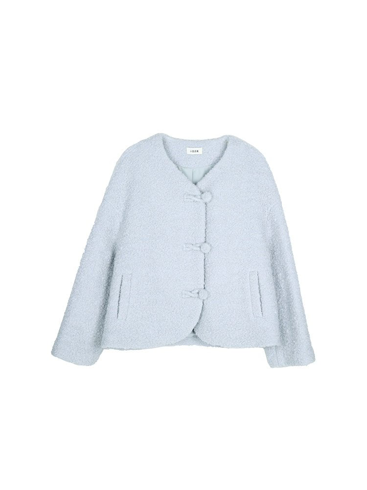 Shallot good tailoring milk blue V-neck plush coat