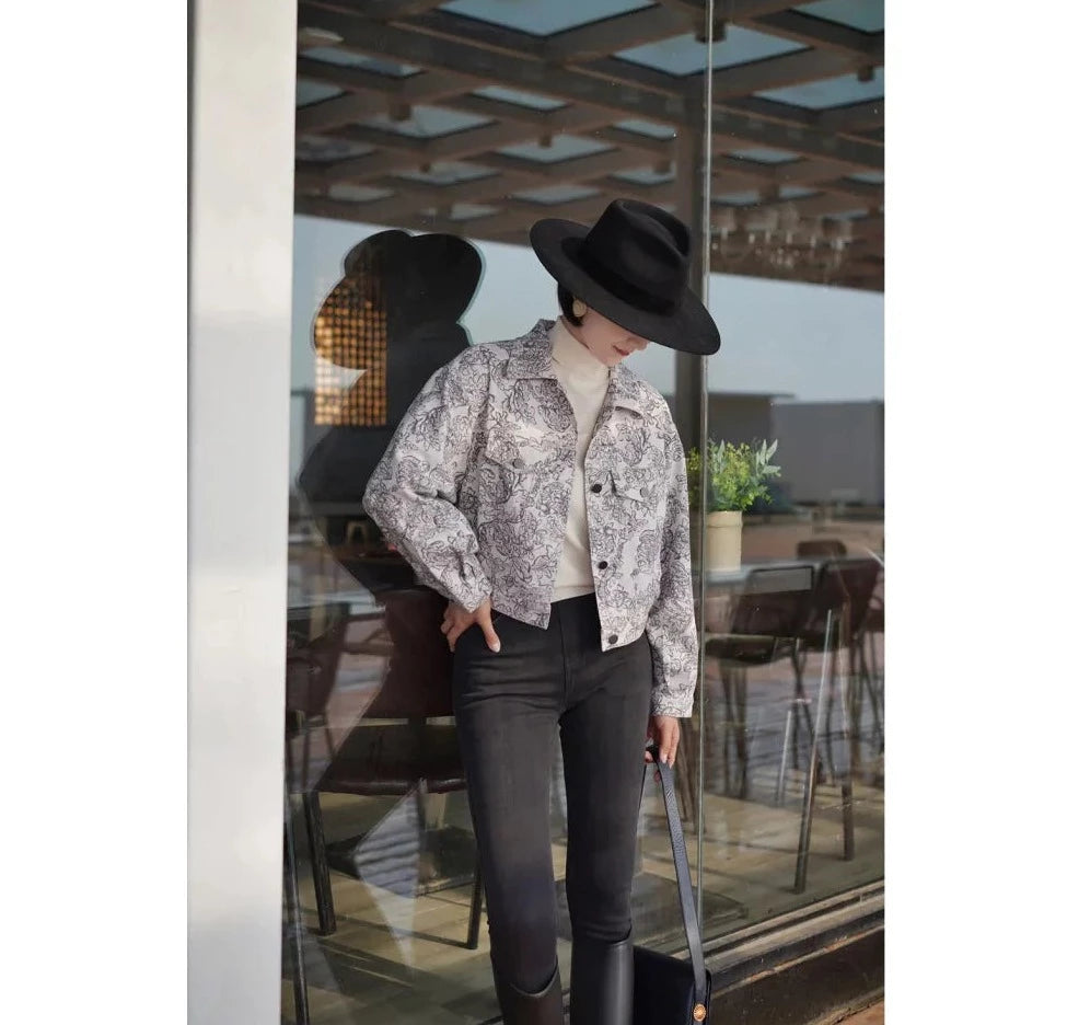 水墨画の植物柄ショートジャケット