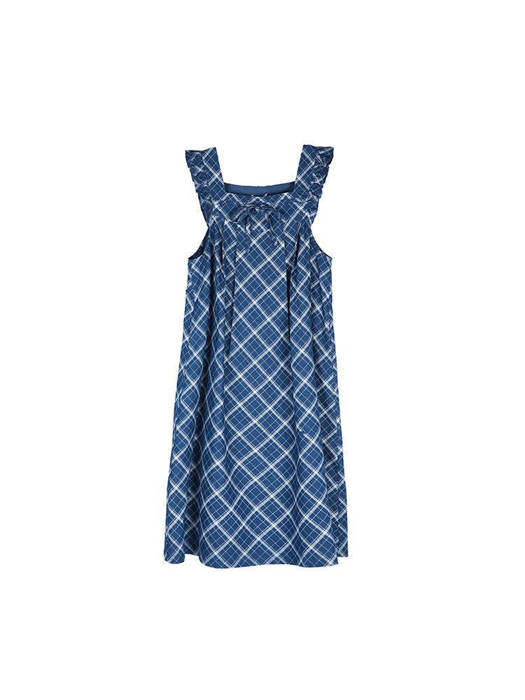 Sleeve Plaid Denim Bow Square Neck Dress