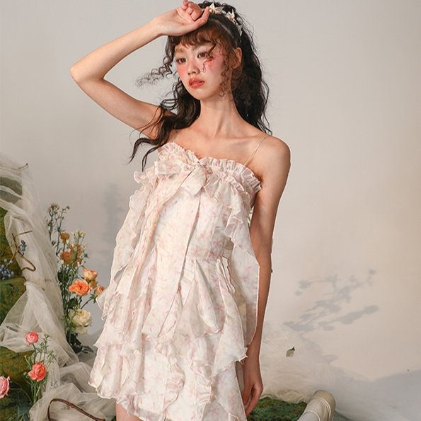 Small summer dress fluttering jellyfish print suspender dress