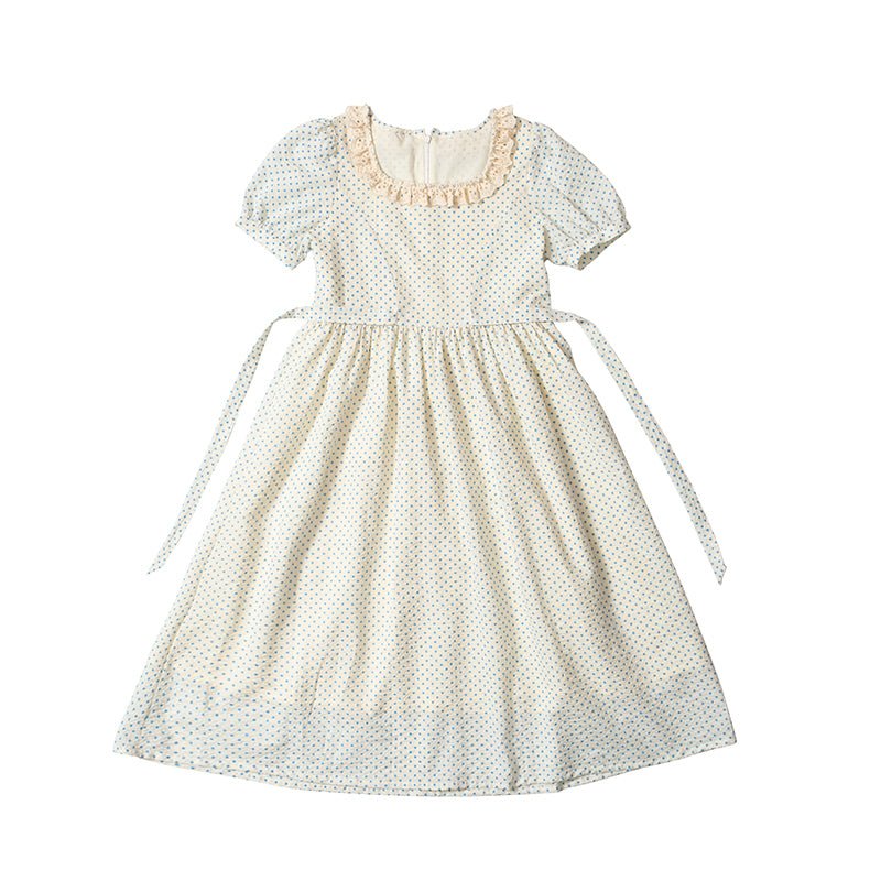 Square collar wave point tie waist dress