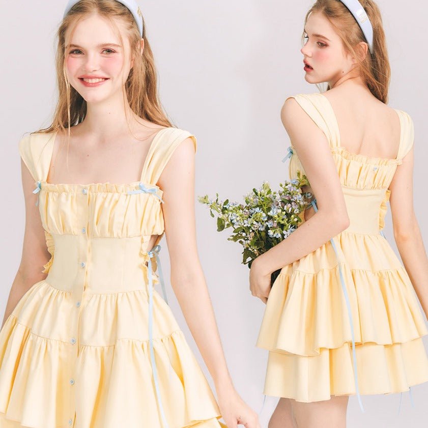 Summer Lemon Miniskirt Yellow Ribbon Ruched Puff Dress