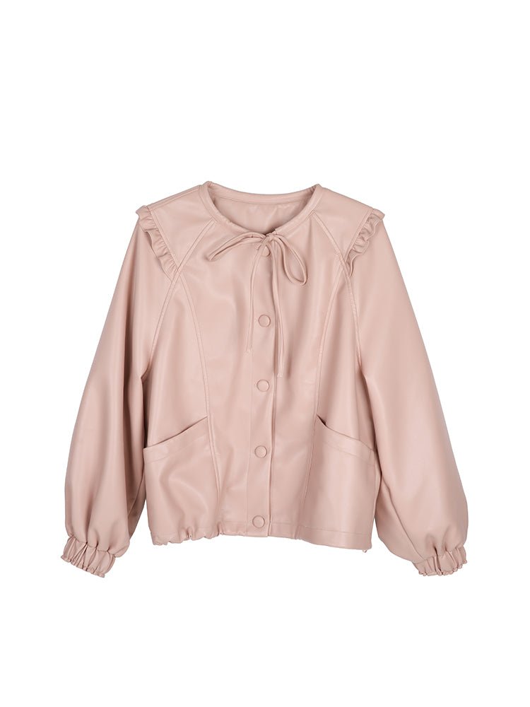 Tailored Pink Leather Tie Round Neck Matte Jacket