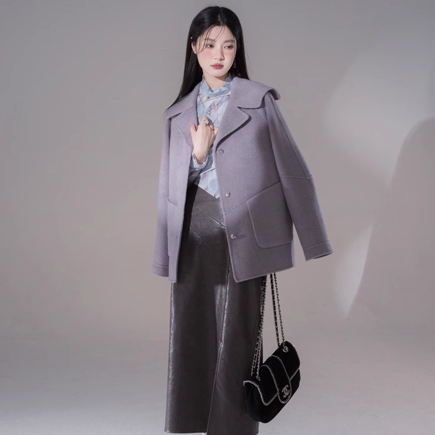 Textured navy collar 100 wool double-sided woolen jacket