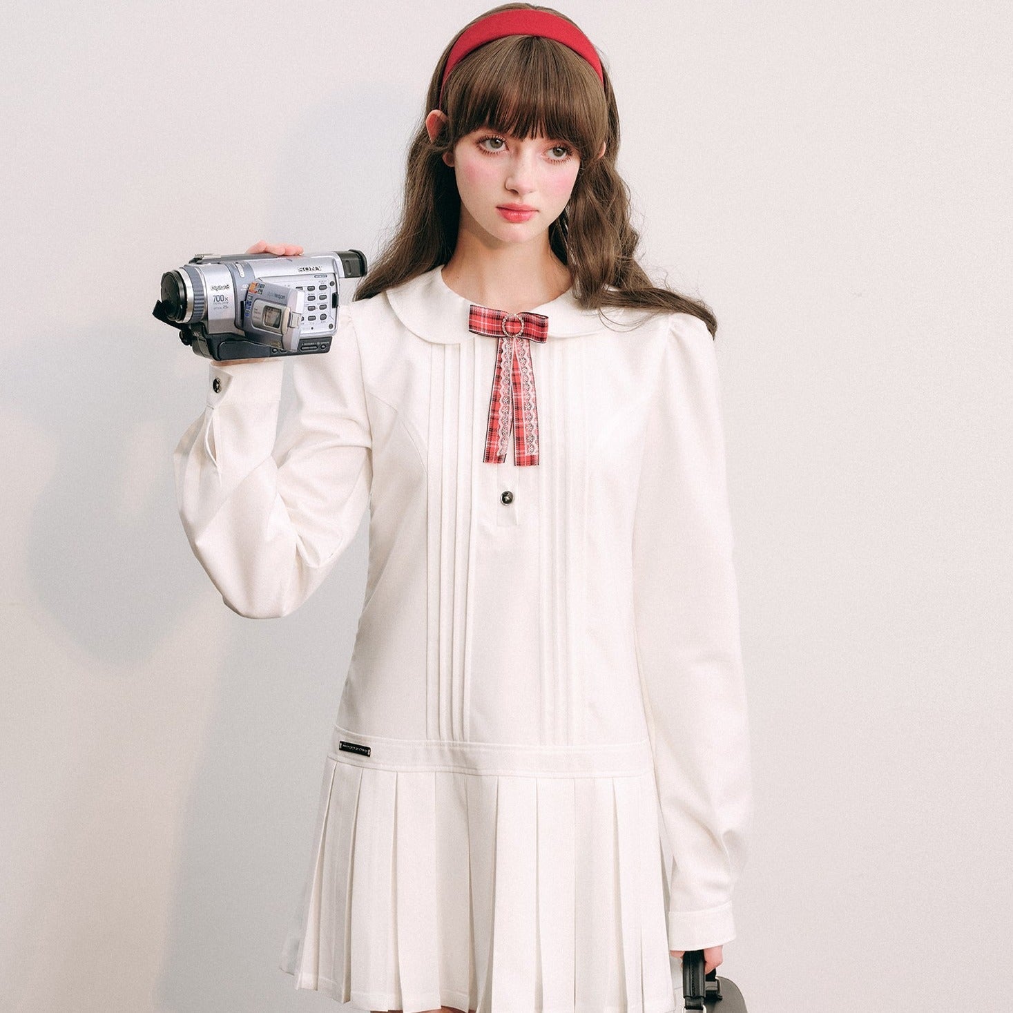 preppy white dress Classical Girl White Pleated Ribbon Mini Dress – remulia