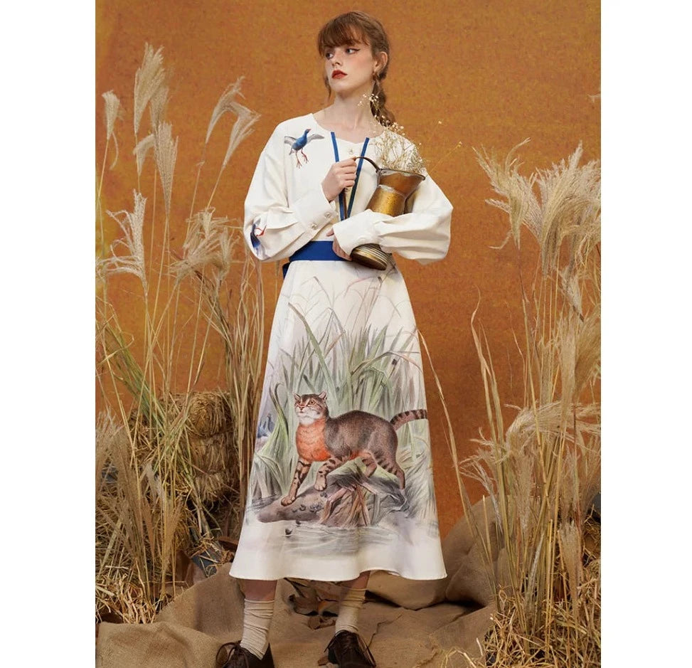 小鷺と猫の花鳥画ワンピース