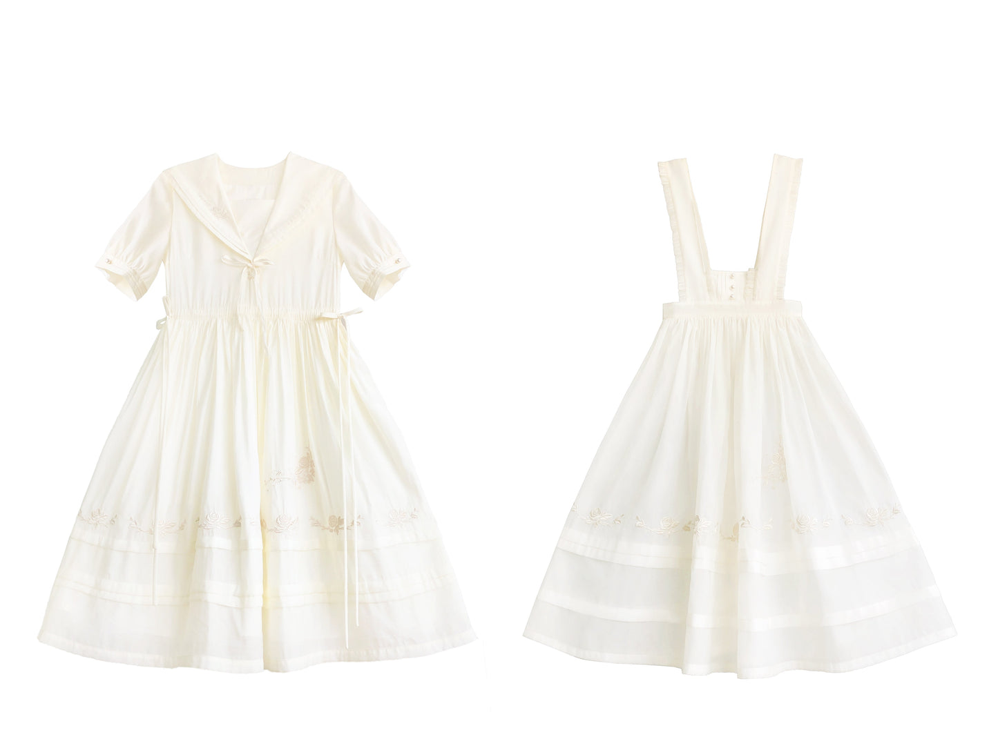 薔薇刺繍の文学クラシカルワンピースとオーバースカート