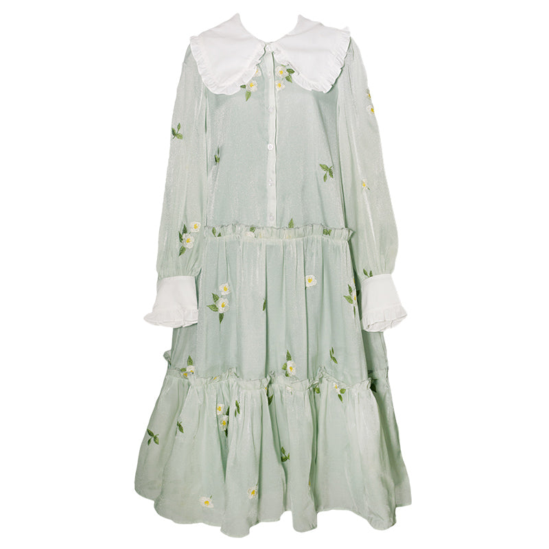 朝もやの森の花刺繍ワンピース