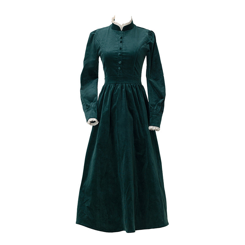 深緑のお嬢様コーデュロイワンピース
