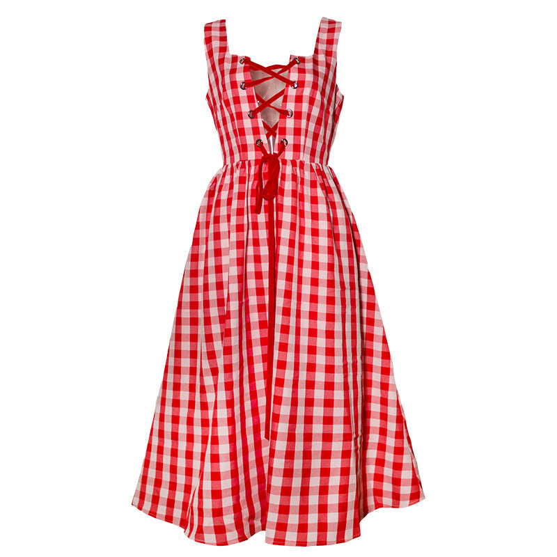 紅赤色の格子縞フレンチノースリーブワンピース