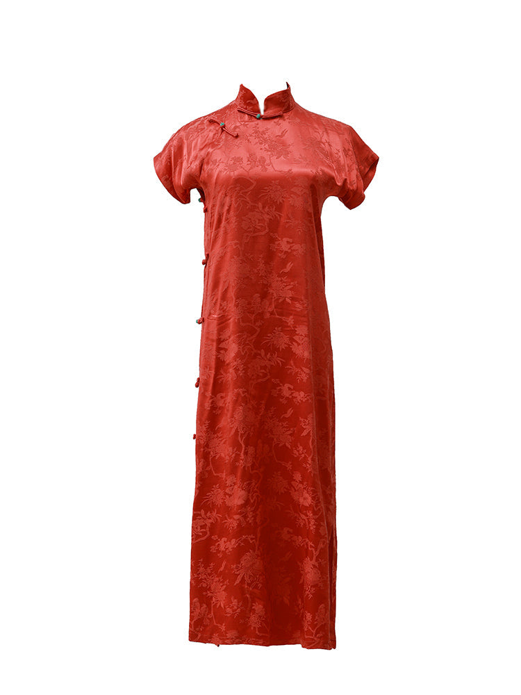 赤朱の樹木柄チャイナワンピース