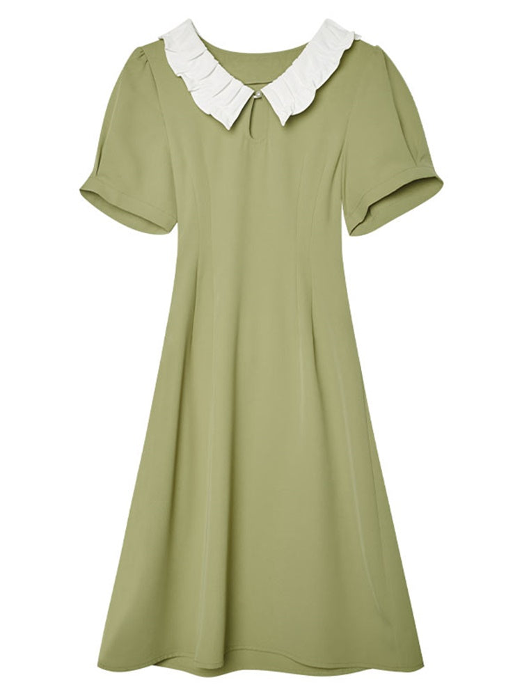 淡萌黄の森色レトロワンピース