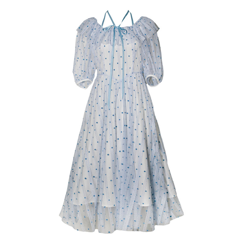 霧青の水玉刺繍フレンチワンピース
