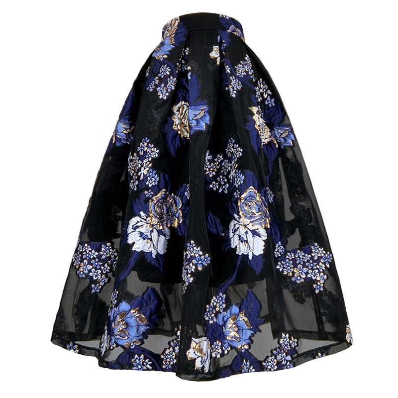 紺青色の花柄刺繍ヘップバーンスカート