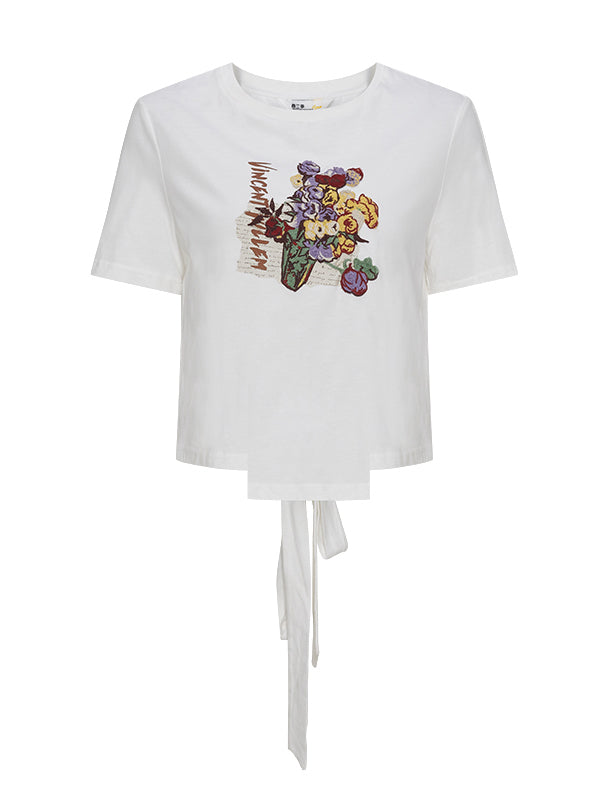 バラとアネモネのある日本の花瓶の刺繍Tシャツ