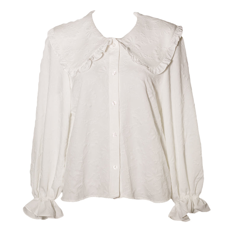 純白の花模様ジャガードフレンチブラウス