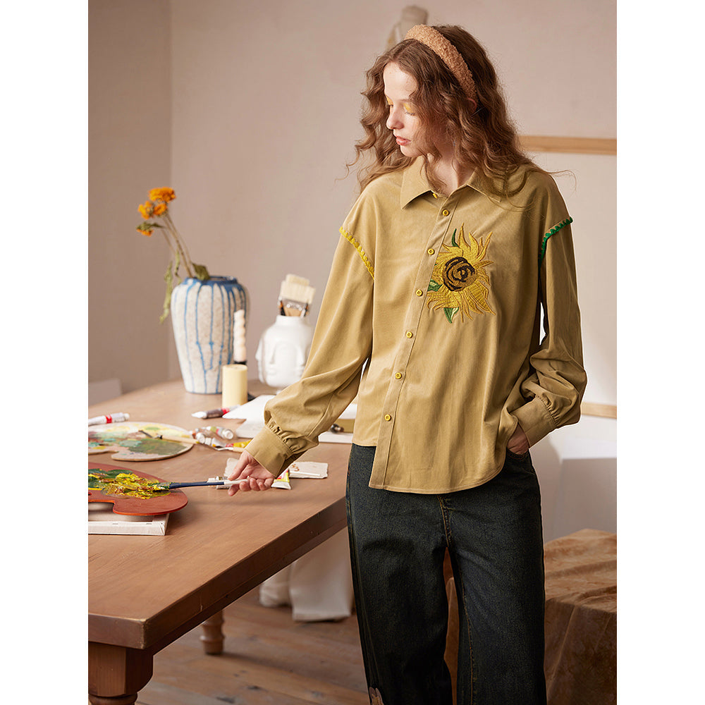 向日葵の花の刺繍ブラウス