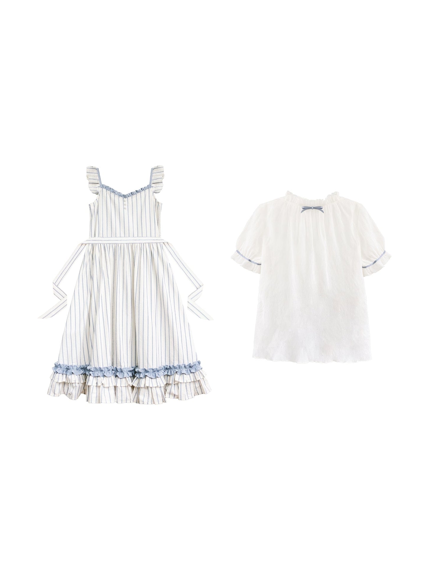英国少女の縦縞ワンピースとシフォンブラウス