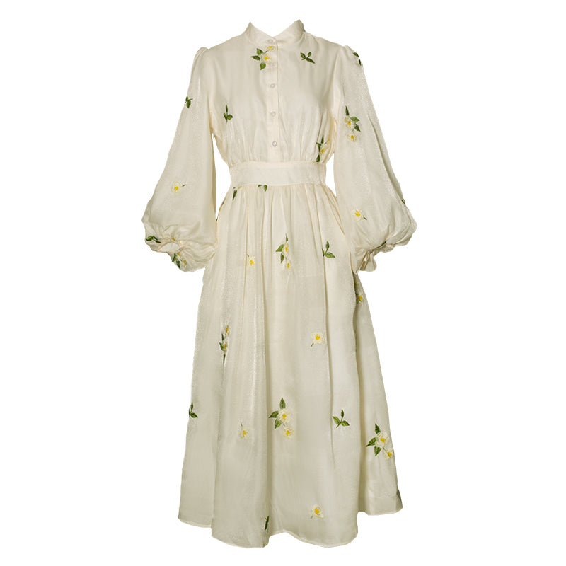 風に吹かれた花刺繍レトロワンピース