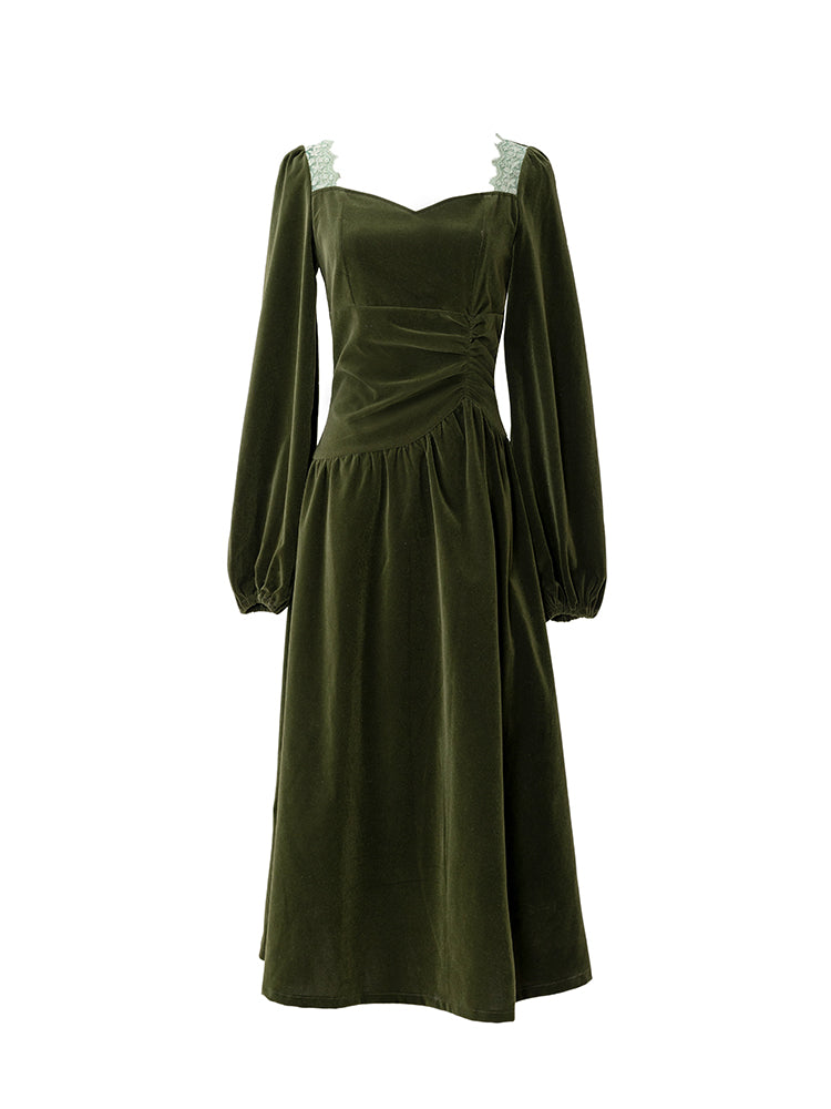 墨緑のお嬢様の刺繍ベルベットワンピース