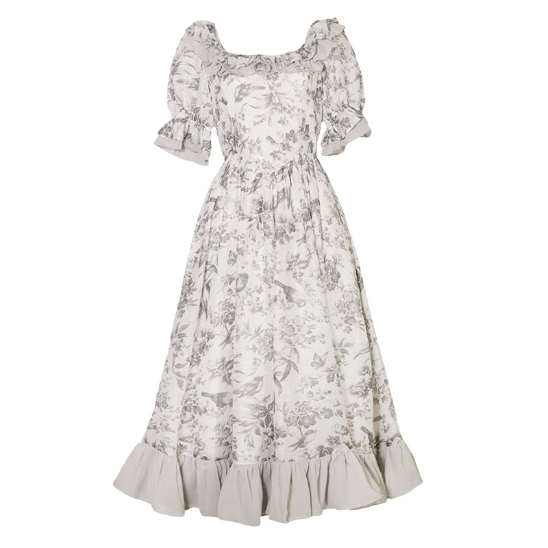 薄墨の花鳥画フレンチレトロワンピース