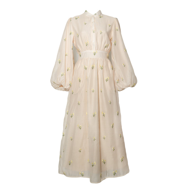 黄色い花の刺繍レトロワンピース