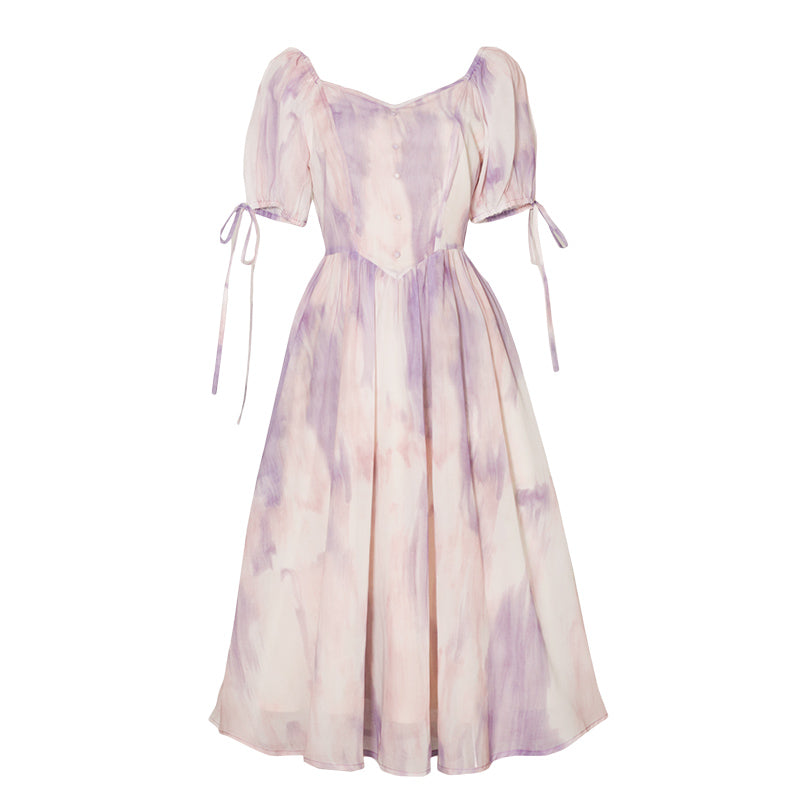 藤紫の滲み柄フレンチレトロワンピース