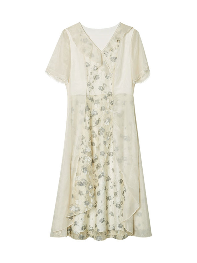 黒影の花刺繍エレガントワンピース