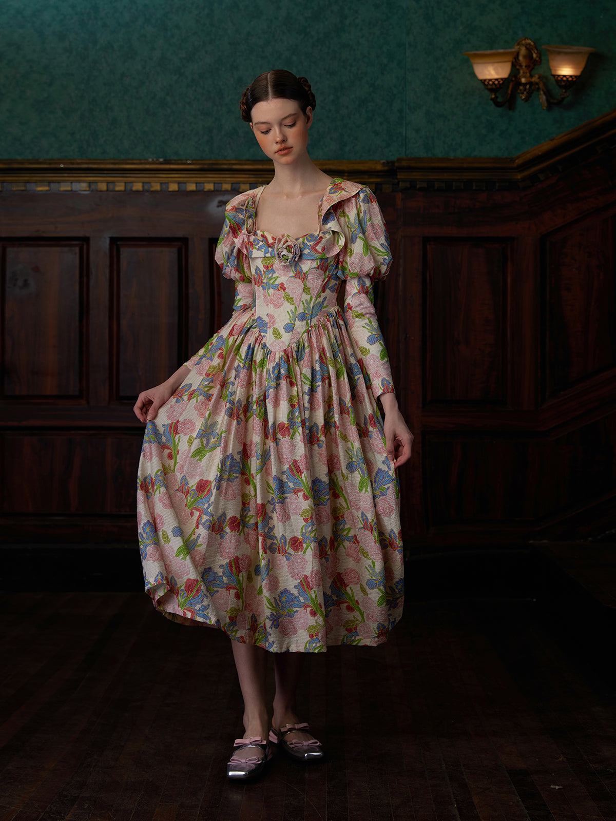 牡丹の花の油彩画ロングワンピース