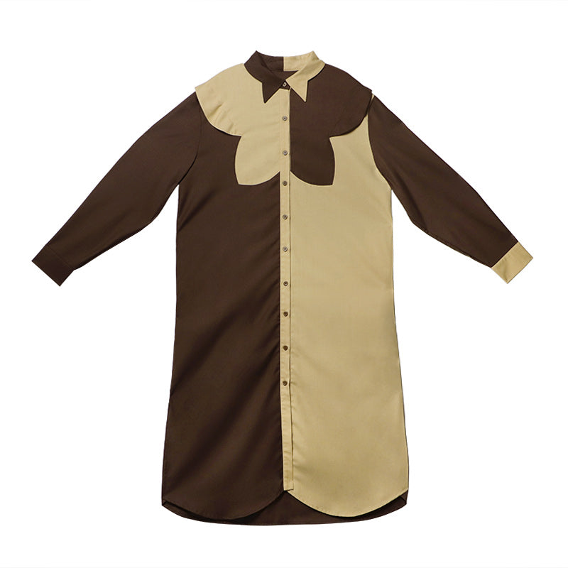 焦茶の木の葉ブラウスとロングシャツワンピース