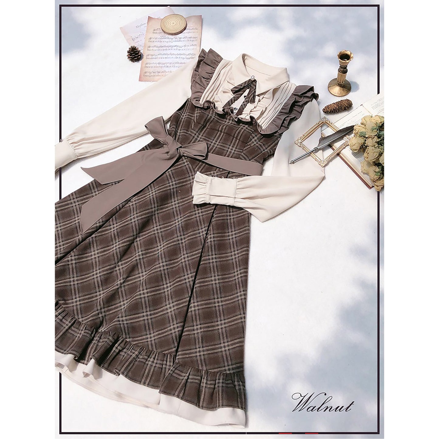 英国格子柄の文学レトロワンピース