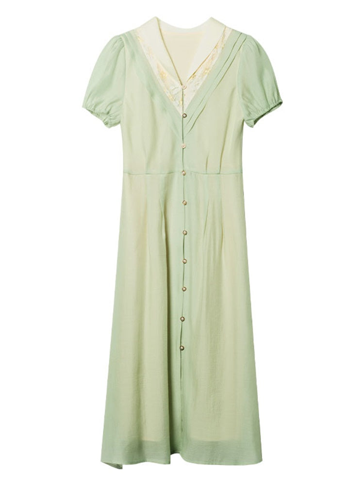 薄緑の刺繍フレンチレトロワンピース