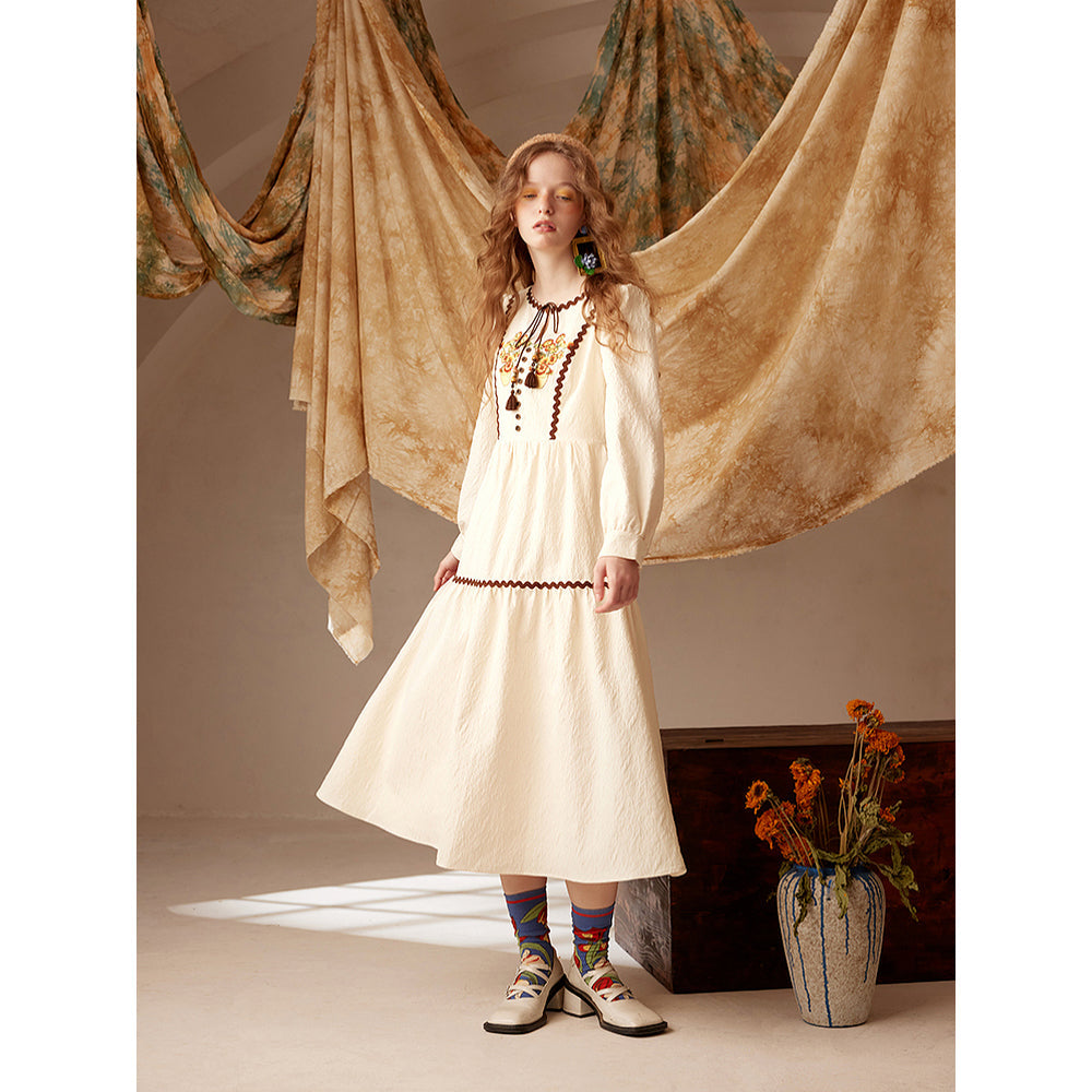 花瓶の向日葵の刺繍レトロワンピース