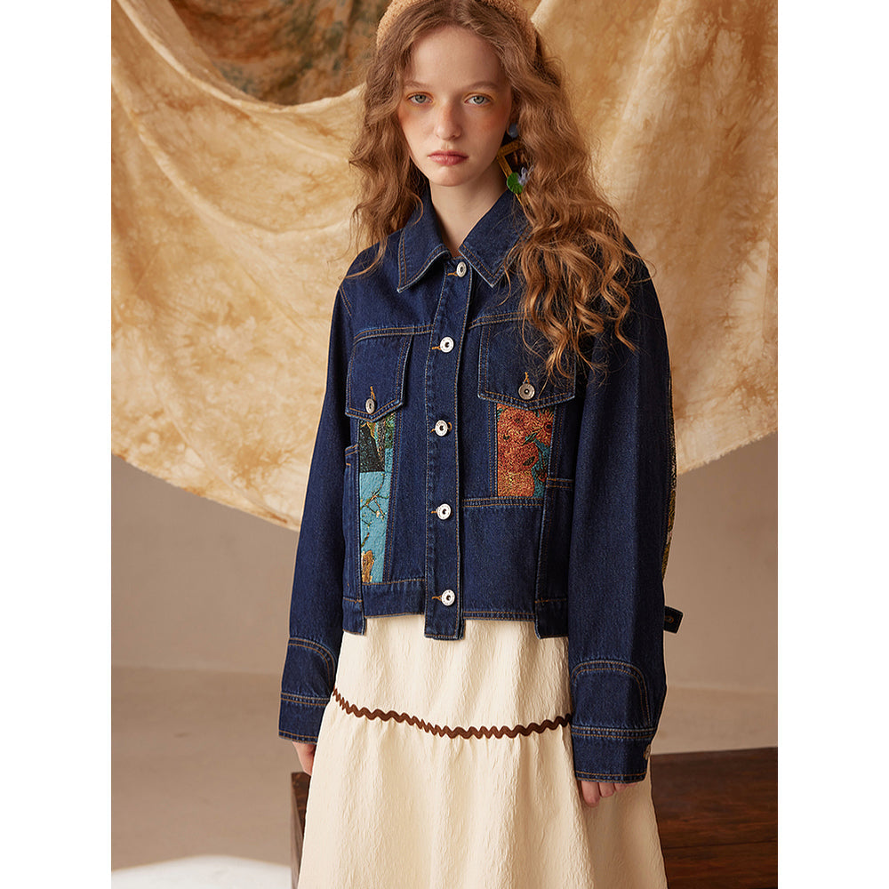 赤いポピーとデイジーのデニムジャケット