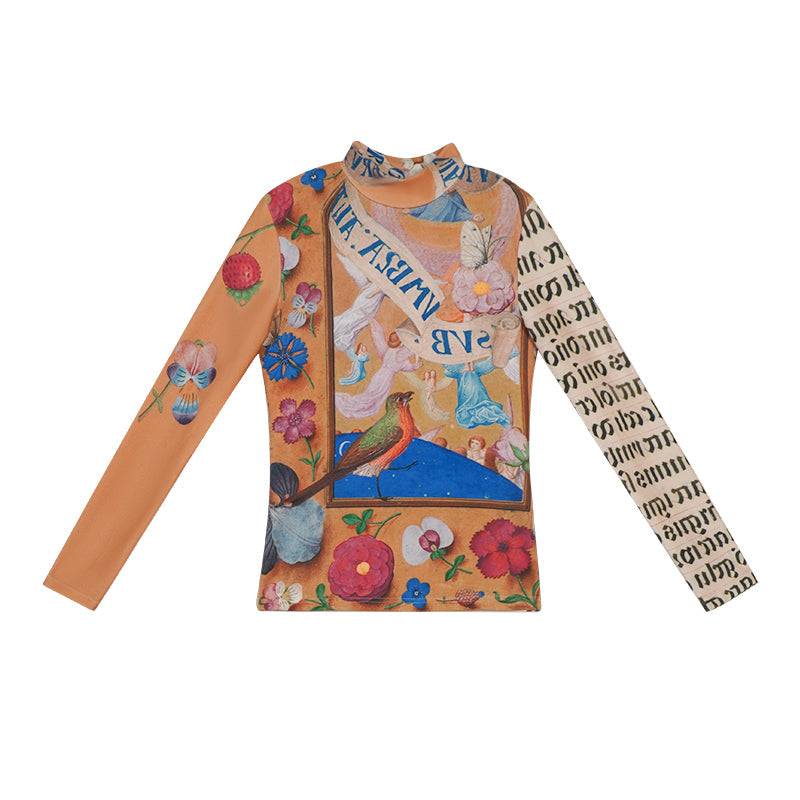 中世絵画の天使柄と文字柄スリムトップス