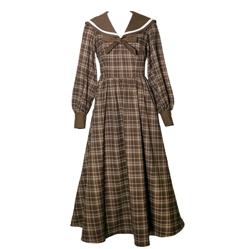焦茶格子縞の文学レトロワンピース