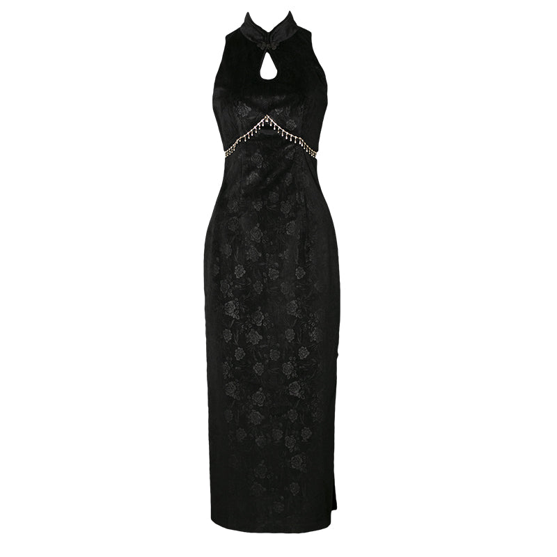 漆黒の薔薇柄ベルベットワンピース