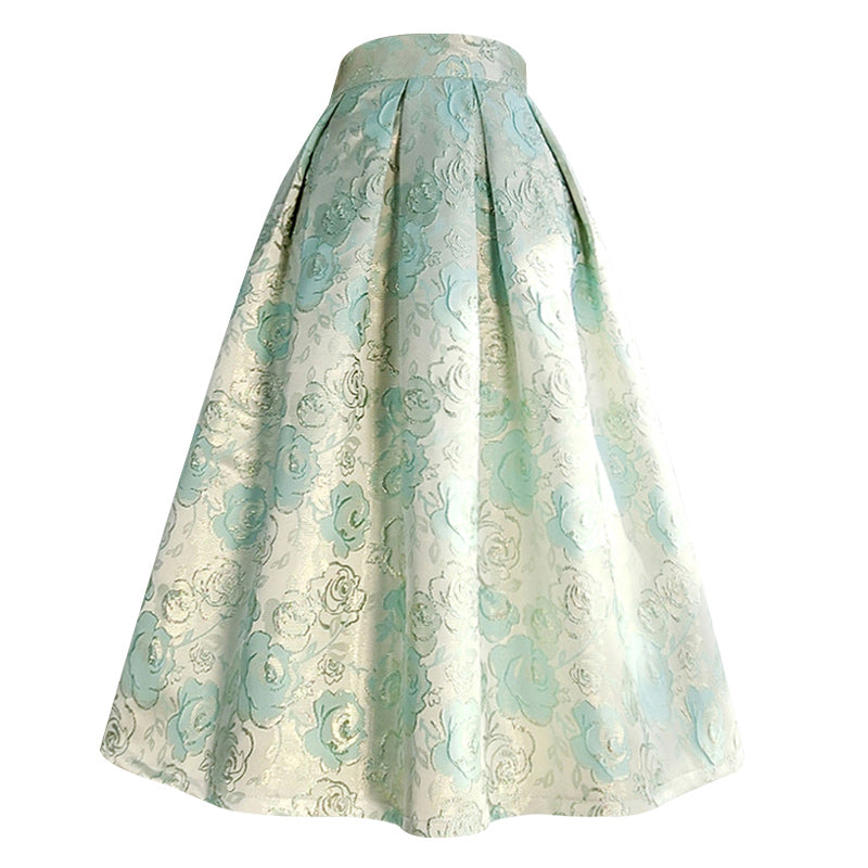白緑の薔薇柄ヘップバーンスカート