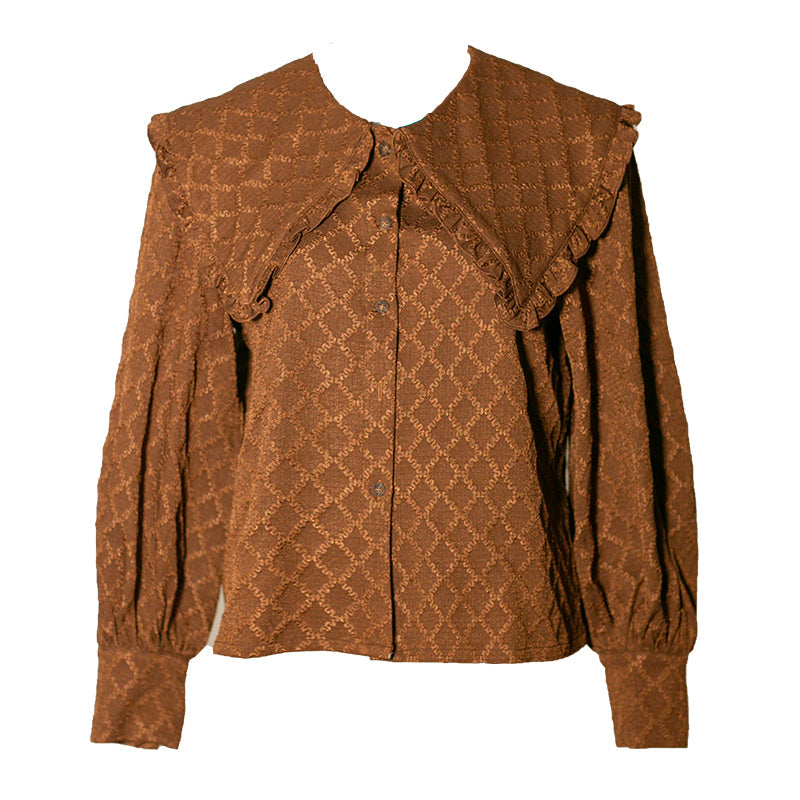 灰茶の幾何学柄刺繍ブラウス