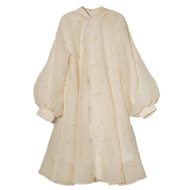 朝霞の花刺繍シャツワンピース