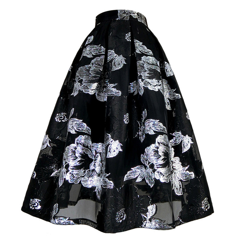 白銀色の花柄刺繍ヘップバーンスカート