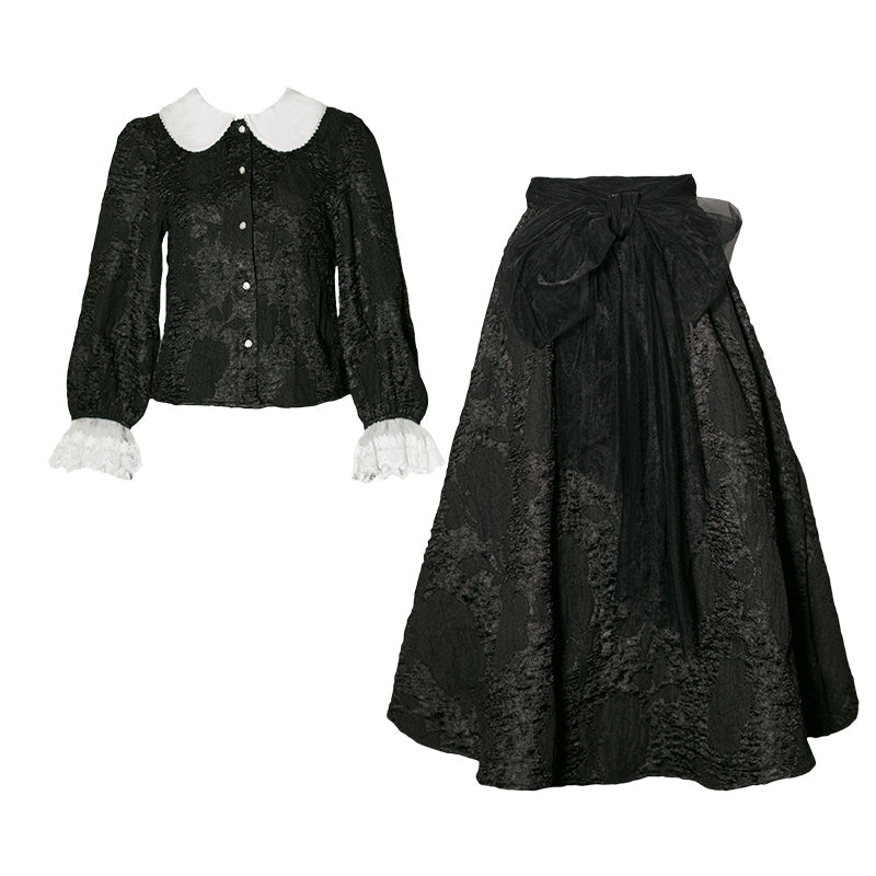 漆黒のお嬢様ジャガードブラウスとスカート